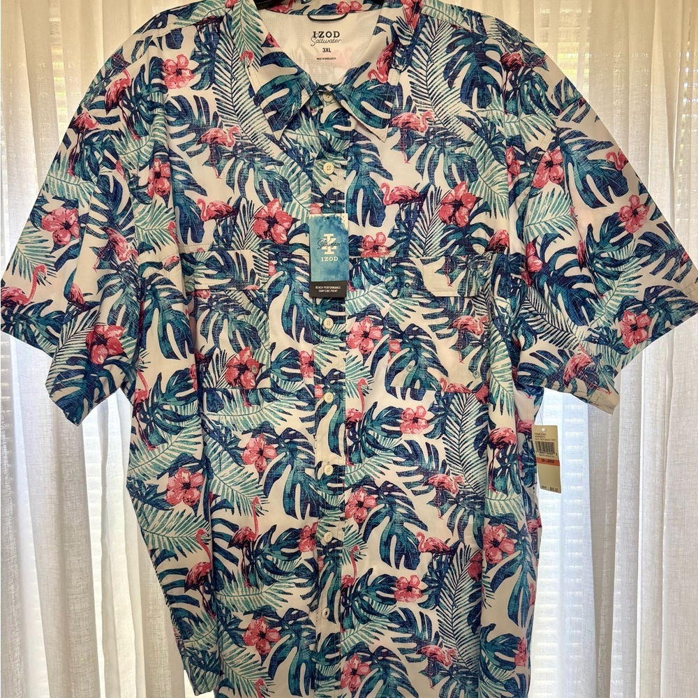 Izod Men's Floral Print Shirt - Blue and Pink - New!